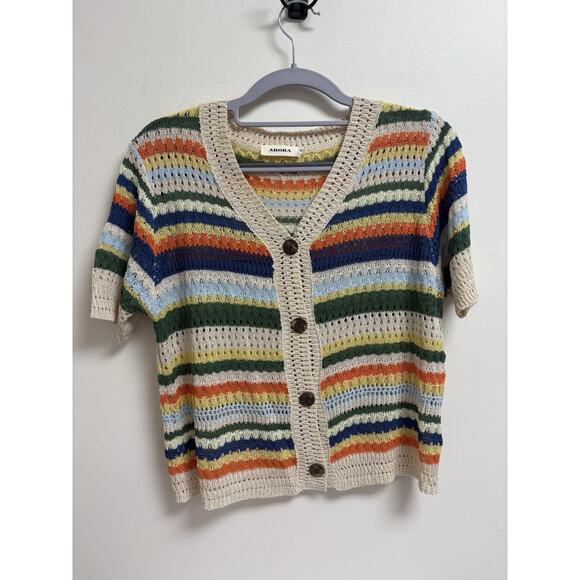 Adora Striped Knit Cardigan S/M Short Sleeve Button Front Crochet Boho Retro - Picture 1 of 5